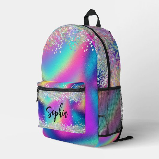 Moderner holografischer Glitzer Farbenfrohe Regenb Bedruckter Rucksack (Rückseitige Ecke Rechts)