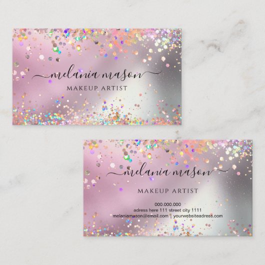 Moderner holografischer Glitzer Makeup Artist Pink Visitenkarte (Vorne/Hinten)
