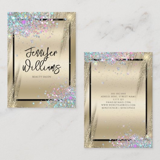 Moderner holografischer Glitzer Metallic Gold Beau Visitenkarte (Vorne/Hinten)