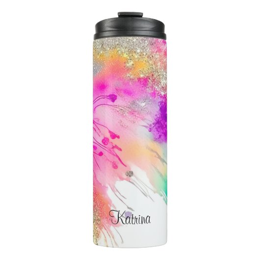 Moderner holografischer Glitzer mit Marmormotiv Thermosbecher (Vorderseite)