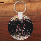 Moderner holografischer Glitzer Monogram Black Sch Schlüsselanhänger (Vorderseite)