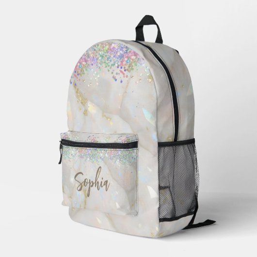 Moderner holografischer Glitzer Opal Gemstone Marm Bedruckter Rucksack (Rückseitige Ecke Rechts)