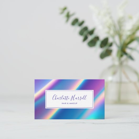 Moderner holografischer irisierender Script QR Cod Visitenkarte (Stehend Vorderseite)