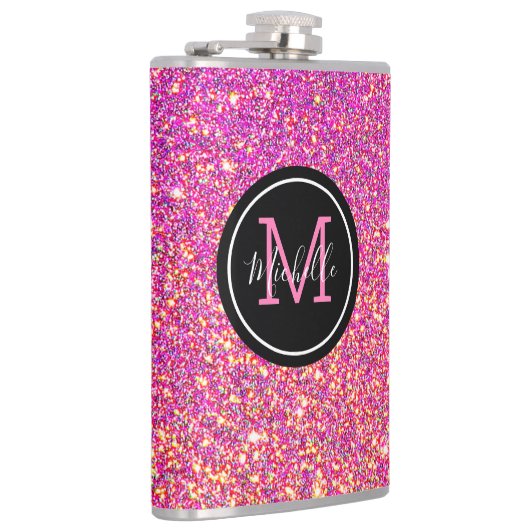 Moderner Hot Pink Glitzer Mit Monogramm Personalis Flachmann (Rechts)