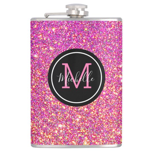 Moderner Hot Pink Glitzer Mit Monogramm Personalis Flachmann (Vorderseite)