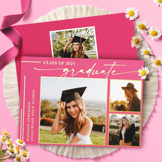 Moderner Hot Pink Script Graduate Foto Abschluss Folieneinladung
