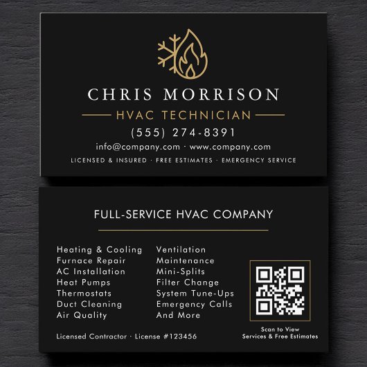 Moderner HVAC-Black-Gold-QR-Code Visitenkarte