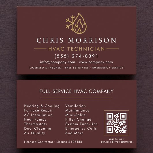 Moderner HVAC-Burgunder-Gold-QR-Code Visitenkarte