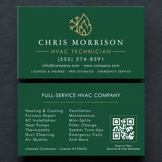 Moderner HVAC Green Gold QR-Code Visitenkarte