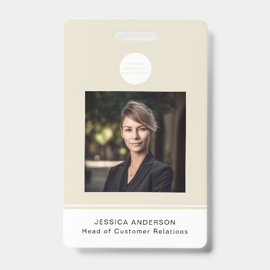 Moderner ID Card Beige Minimal Logo Foto QR Code Ausweis (Vorderseite)