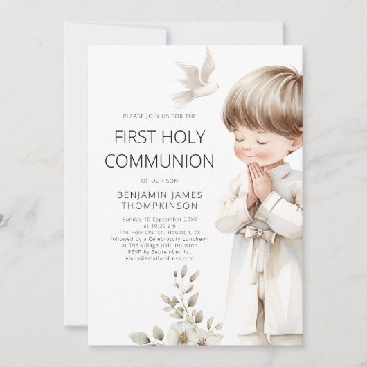 Moderner Illustrationsjunge Pracht 1. Heilige Komm Einladung (Vorderseite)