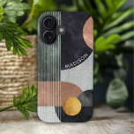 Moderner Individuelle Name für Abstrakte geometris iPhone 16 Hülle<br><div class="desc">Das moderne Abstrakt Geometric Marble Individuelle Name iPhone mit 16 Hüllen besticht durch geometrische Formen in Schwarz,  Rose und Gold auf grauem Marmorboden mit Streifen und Ihrem personalisierten Namen in modernem Weiß-Script. Personalisieren Sie diese,  indem Sie den Text in dem dafür vorgesehenen Textfeld bearbeiten. Entworfen von ©Evco Studio www.zazzle.com/store/evcostudio</div>