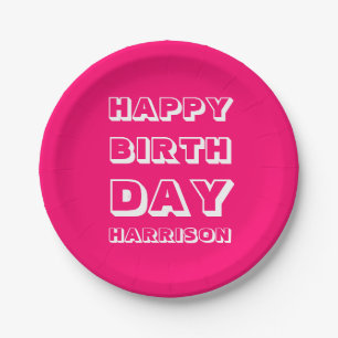 Moderner Individuelle Name Happy Birthday hot pink Pappteller