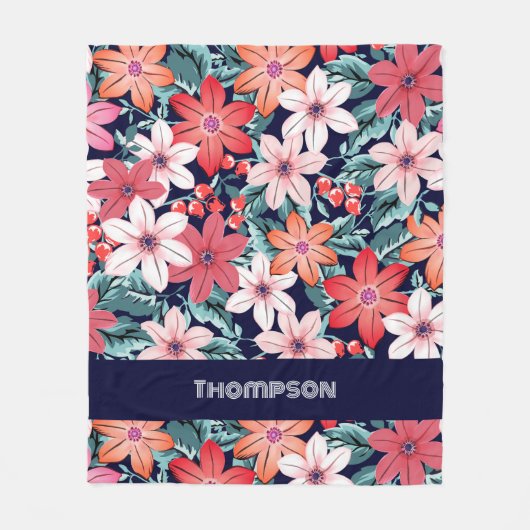Moderner individuelle Name Navy Blumendekor Fleecedecke (Vorderseite)