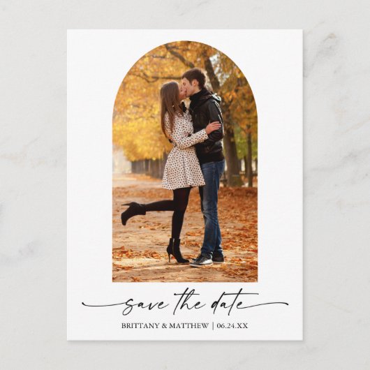 Moderner Ink Script Foto Arch Save the Date Postkarte (Vorderseite)