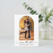 Moderner Ink Script Foto Arch Save the Date Postkarte (Stehend Vorderseite)