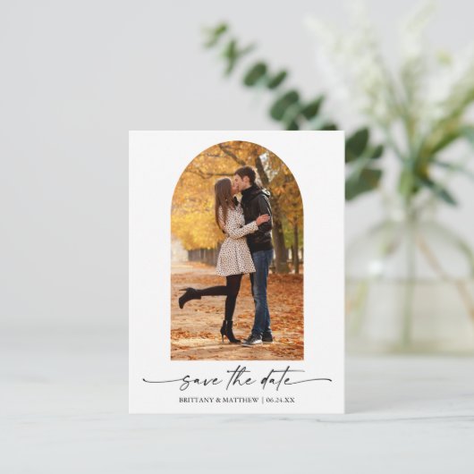 Moderner Ink Script Foto Arch Save the Date Postkarte (Stehend Vorderseite)