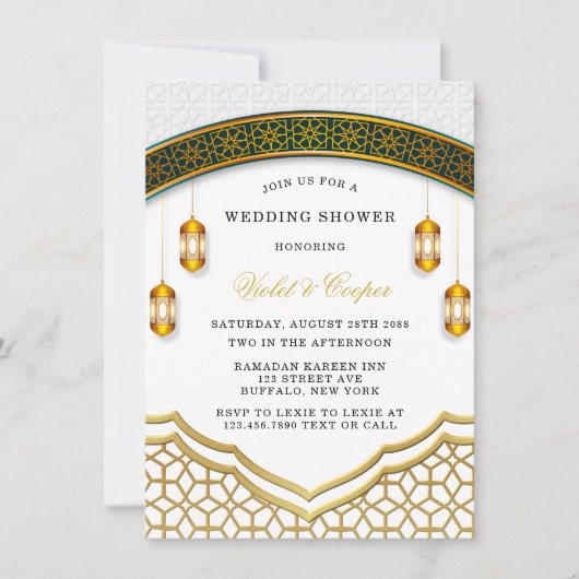 Moderner islamischer Polterabend in Weiß und Gold Einladung (Vorderseite)