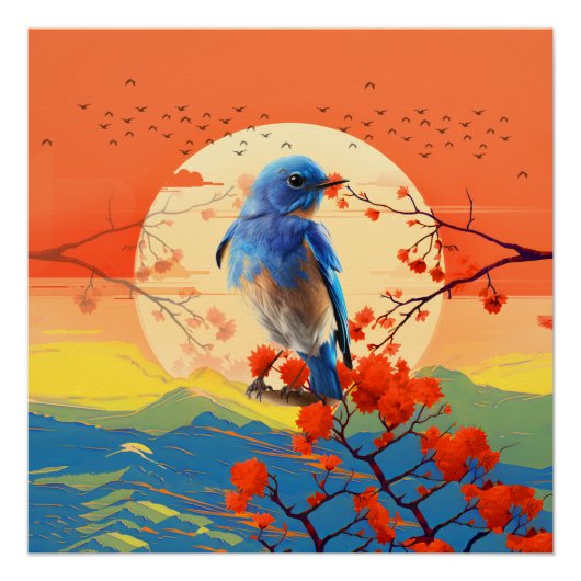 Moderner japanischer Naturvogel in Blossom-Landsch Poster (Vorderseite)