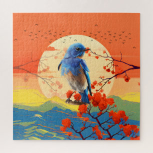 Moderner japanischer Naturvogel in Blossom-Landsch Puzzle