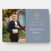 Moderner Junge Erste Heilige Kommunion Blaues Foto Fotoplatte (Vorderseite)