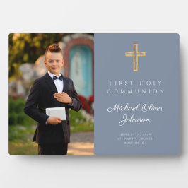 Moderner Junge Erste Heilige Kommunion Blaues Foto Fotoplatte