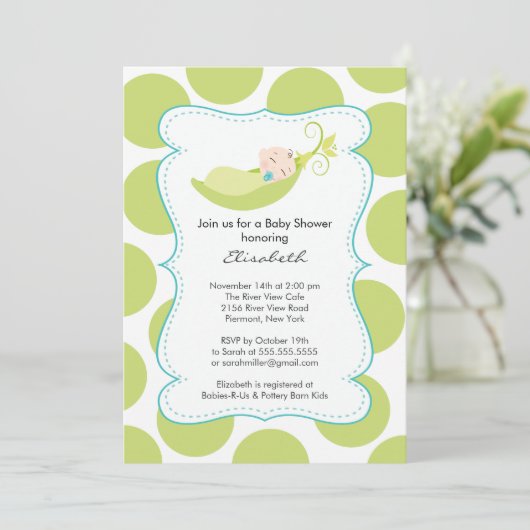 Moderner Junge in Pea Pod Kinderdusche Einladung (Stehend Vorderseite)