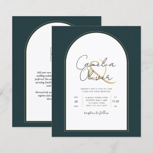 Moderner JUNIPER Green Gold Wedding INVITE QR Code (Vorne/Hinten)
