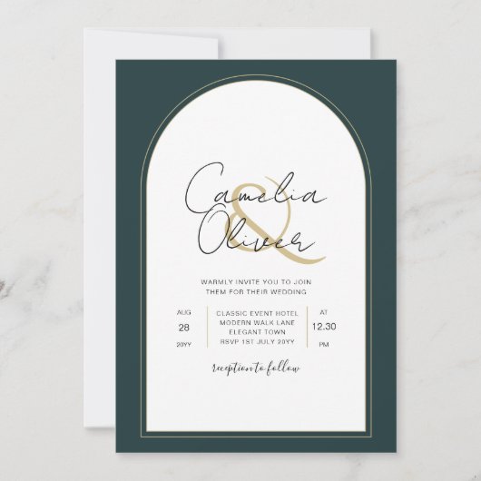 Moderner JUNIPER Green Gold Wedding INVITE QR Code Einladung (Vorderseite)
