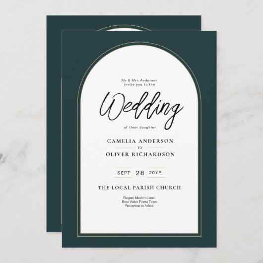 Moderner JUNIPER Green Gold Wedding INVITE QR Code Einladung (Vorne/Hinten)