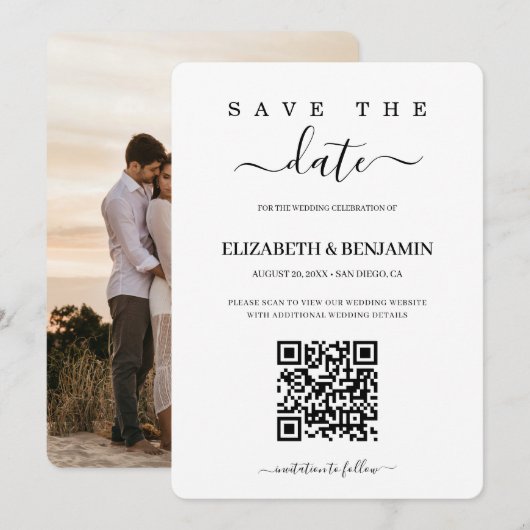 Moderner Kalligrafie-Schrift-QR-Code-Foto Save The Date (Vorne/Hinten)