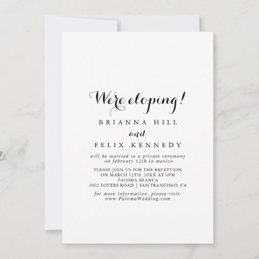 Moderner Kalligraphie-Elopement-Empfang Einladung (Vorderseite)