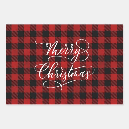 Moderner Karierter Gingham Frohe Weihnachtsfeierta Geschenkpapier Set (Vorderseite)