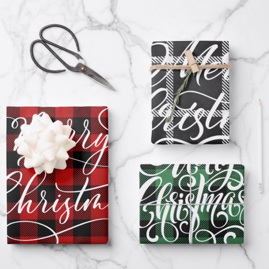 Moderner Karierter Gingham Frohe Weihnachtsfeierta Geschenkpapier Set (Vorderseite)