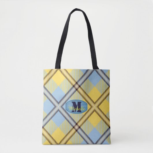 Moderner Karierter Tartan Jeans Monogram-Skriptnam Tasche (Vorderseite)