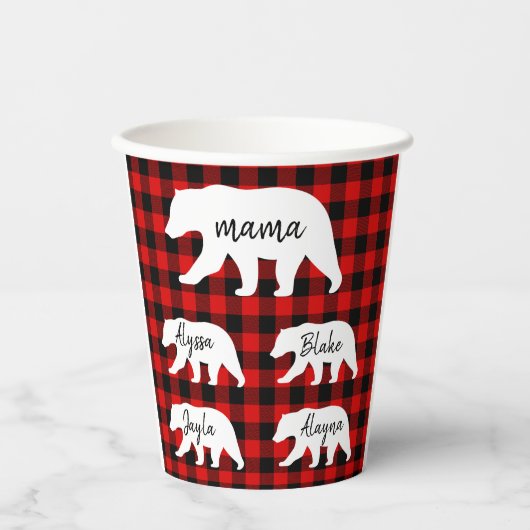 Moderner Karierter und weißer Mama-Bär Pappbecher (Vorderseite)