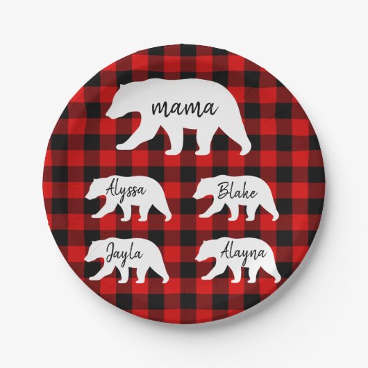 Moderner Karierter und weißer Mama-Bär Pappteller (Vorderseite)