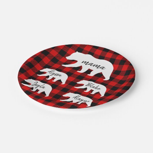 Moderner Karierter und weißer Mama-Bär Pappteller (Schrägansicht)