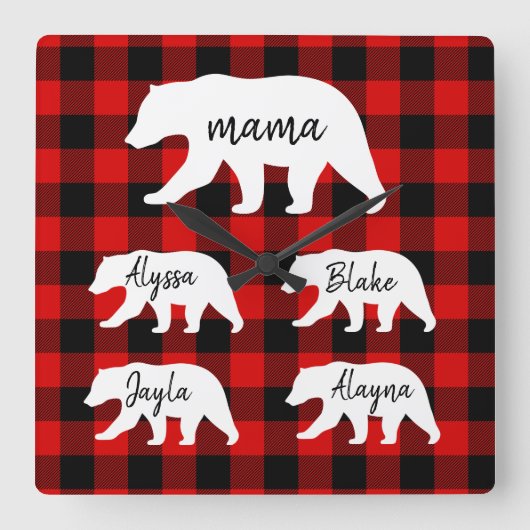 Moderner Karierter und weißer Mama-Bär Quadratische Wanduhr (Vorderseite)