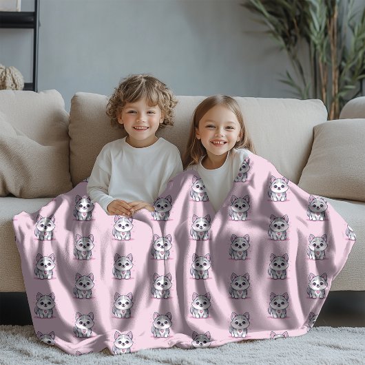 Moderner Kawaii Husky-Welpen-Rosa-Muster Fleecedecke