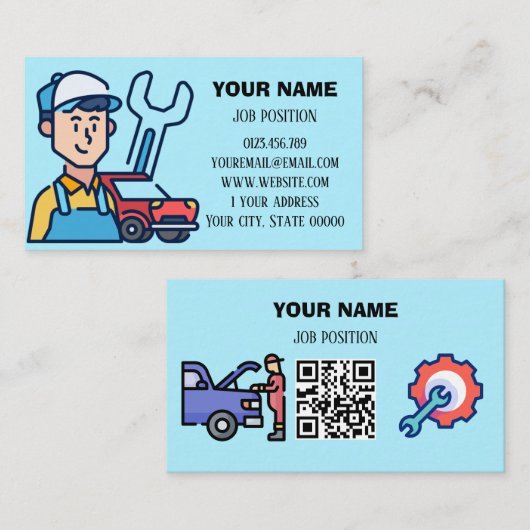 Moderner KFZ-Mechaniker QR-Code Hellblau Visitenkarte (Vorne/Hinten)