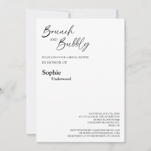 Moderner klassischer Brunch und Bubbly Brautparty Einladung (Vorderseite)