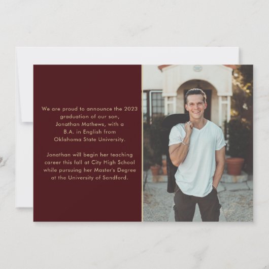 Moderner klassischer Burgundy Gold Foto Abschluss Ankündigung (Rückseite)