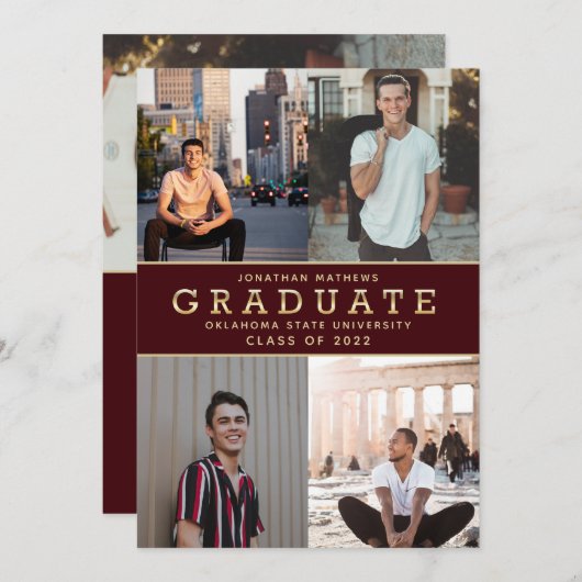 Moderner klassischer Burgundy Gold Foto Abschluss Einladung (Vorne/Hinten)