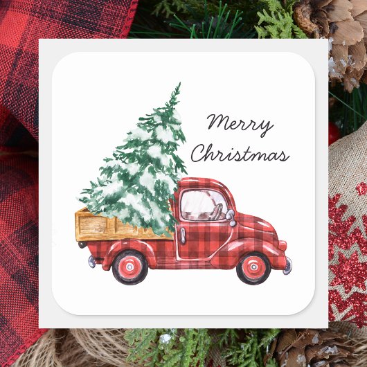Moderner klassischer Red Christmas Truck Quadratischer Aufkleber