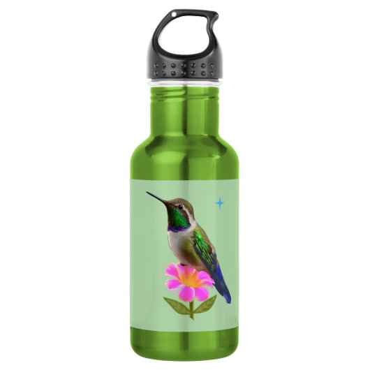 Moderner Kolibri mit Blüte auf hellgrünem Salbei Edelstahlflasche (Vorderseite)