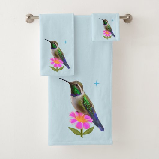 Moderner Kolibri und Blume auf Hellblau Badhandtuch Set (Insitu)