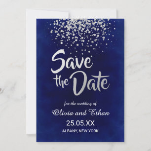 Moderner Königsblauund SilberConfetti Save The Date