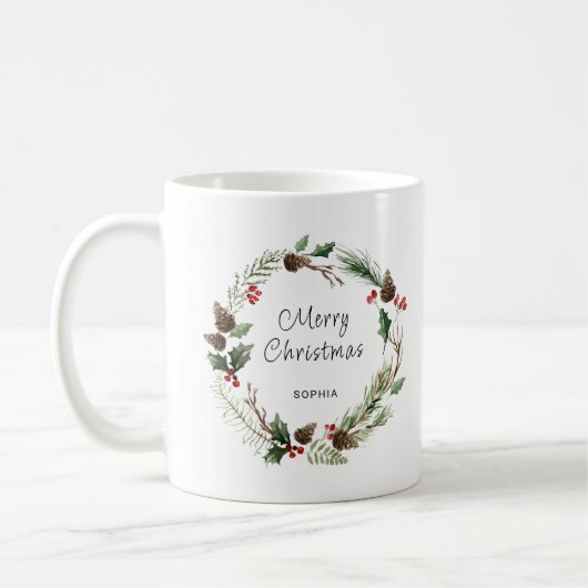 Moderner Kranz und frohe Weihnachten Personalisier Kaffeetasse (Links)