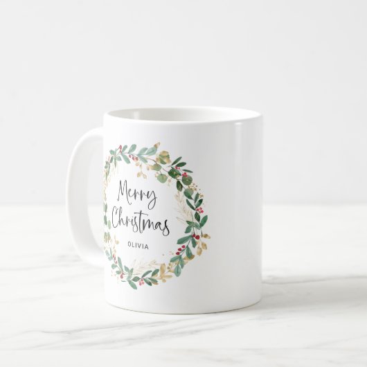 Moderner Kranz und Skript | Frohe Weihnachten Kaffeetasse (Vorderseite Links)